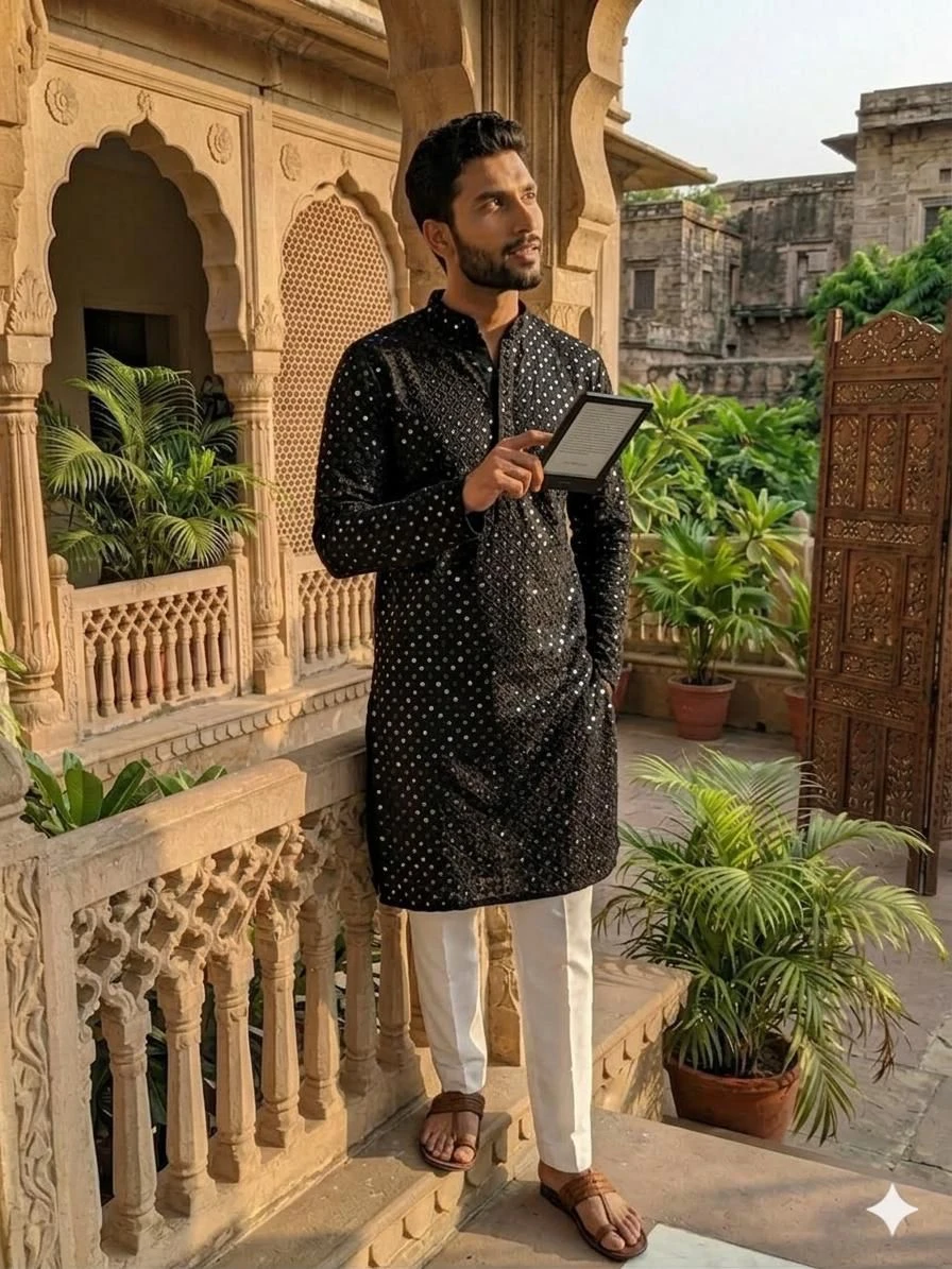 The Midnight Obsidian Embroidered Mirror-Work Kurta