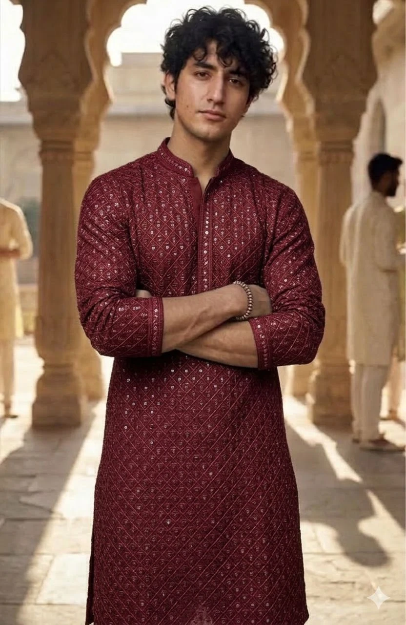 The Crimson Heritage Hand-Embroidered Chikankari Kurta