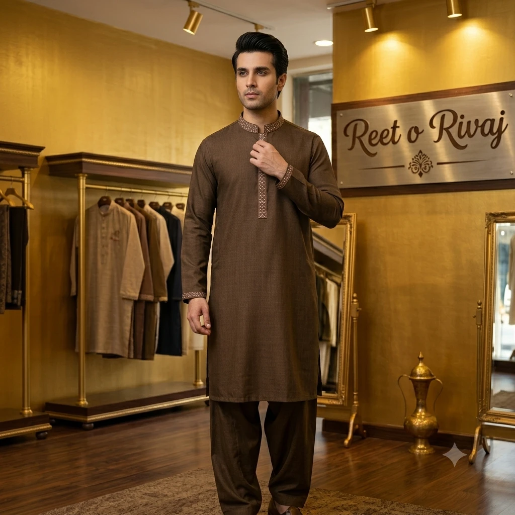 Earthy Cocoa Embroidered Festive Suit