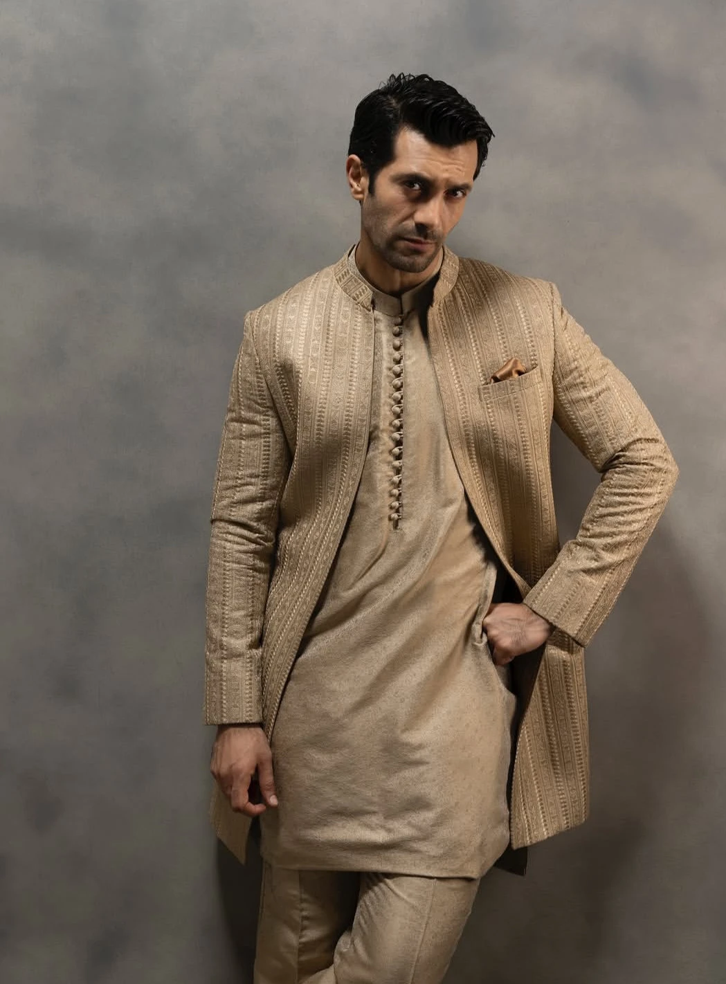 Royal Gold Textured Open-Front Prince Coat 3-Piece Set
