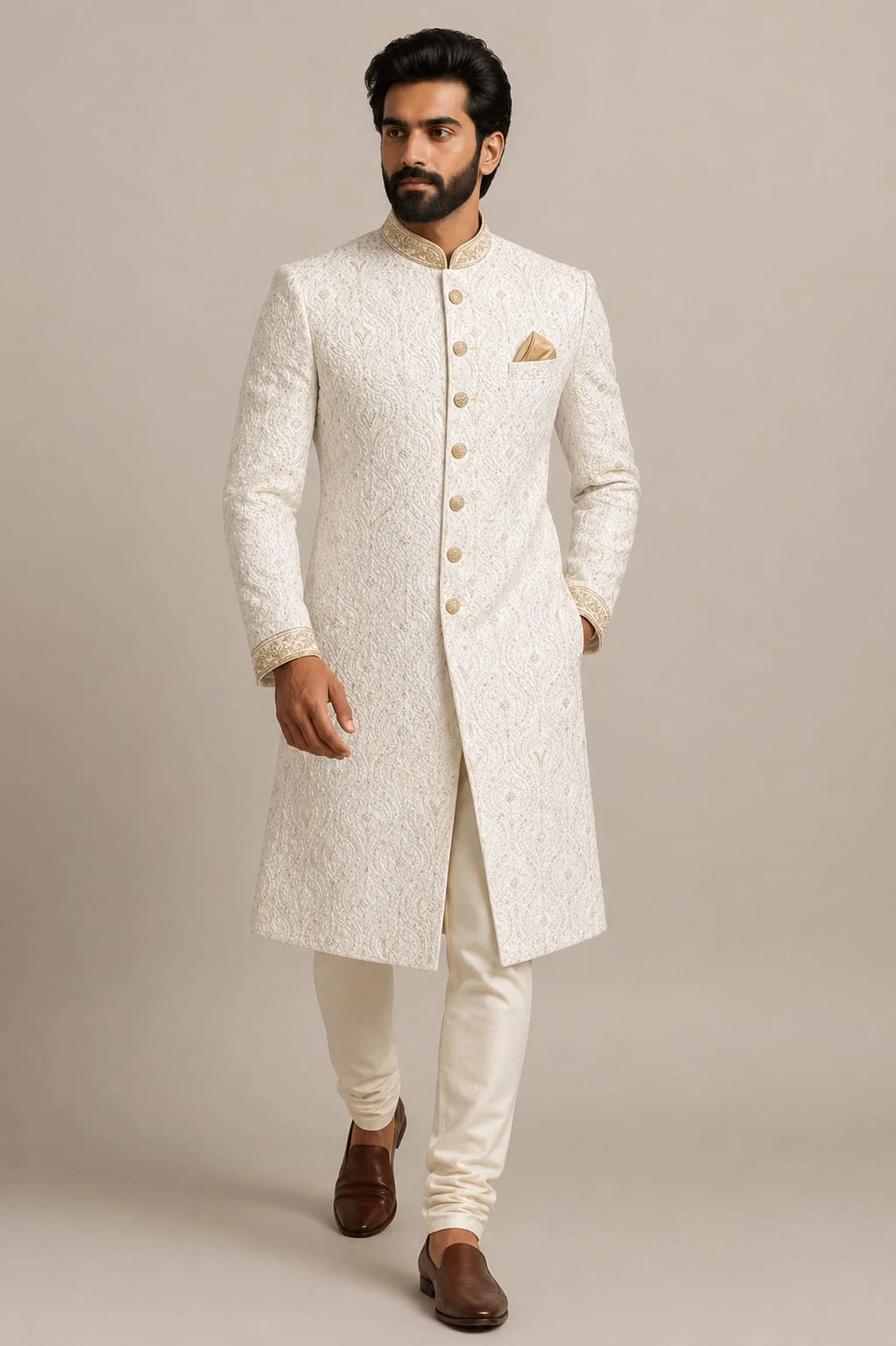 Royal Off-White & Gold Embroidered Groom Sherwani (5-Piece Package)
