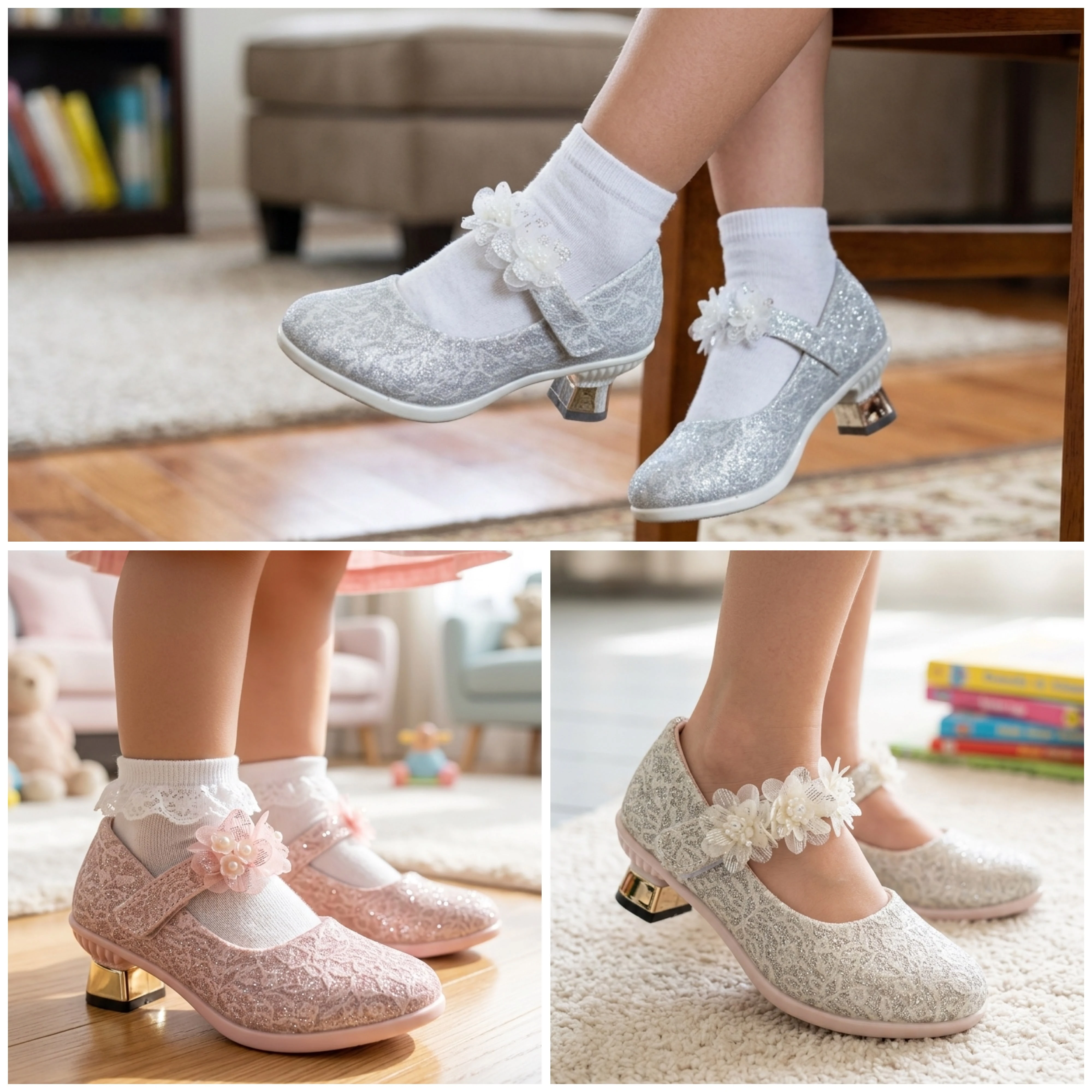 Little Princess Floral Pearl Glitter Dress Shoes