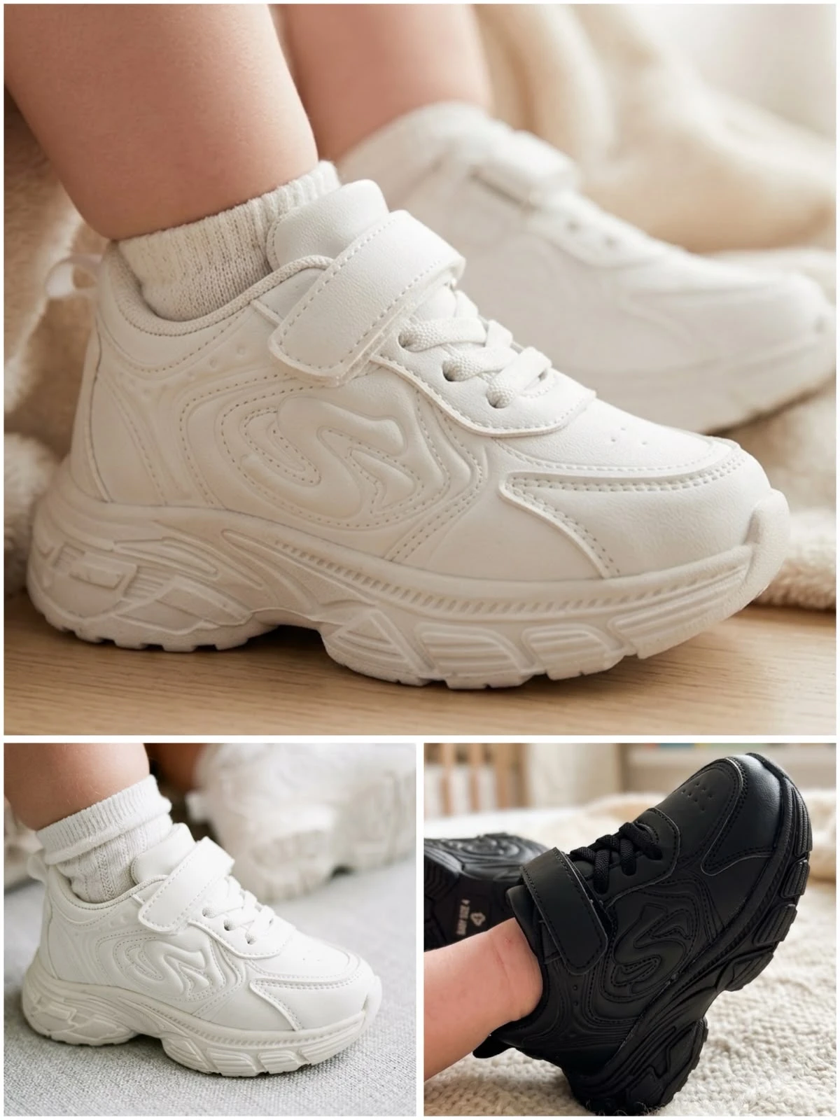 Kids Classic Chunky Leather Velcro Sports Sneakers
