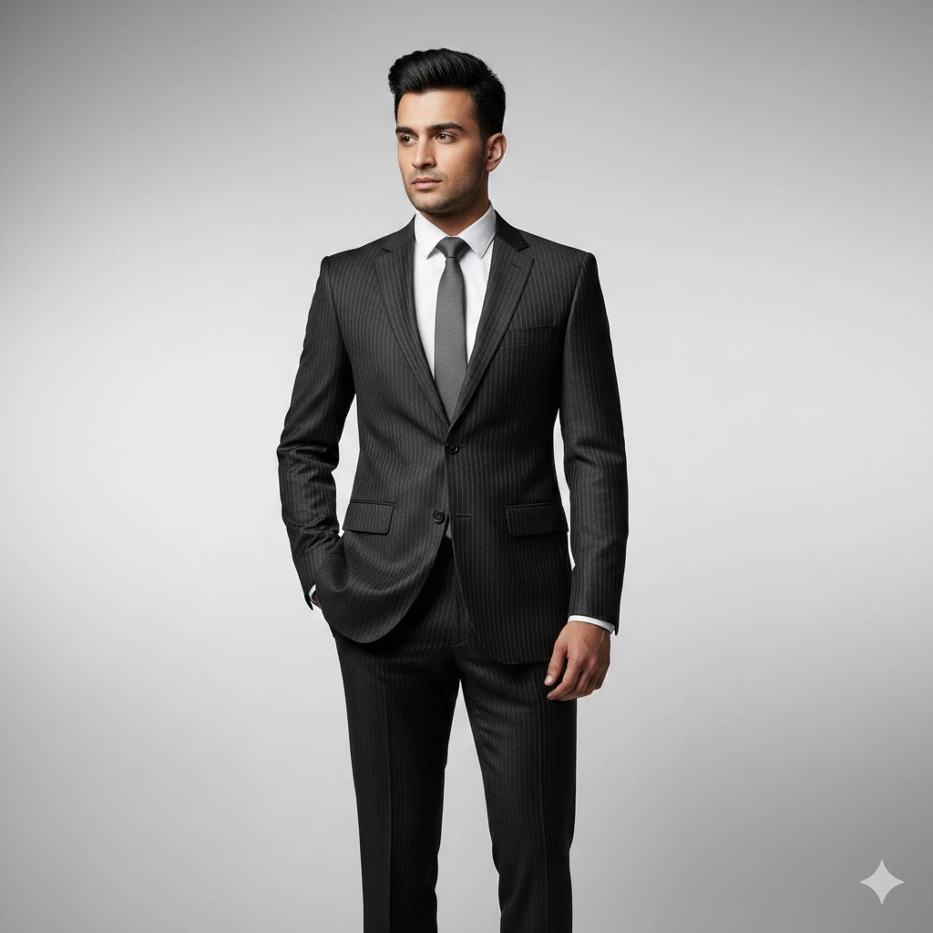Men's Charcoal Grey Pinstripe Tailored 2-Piece Business Suit