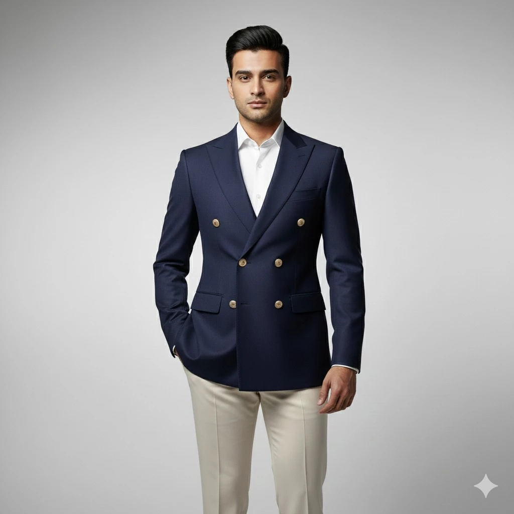 Men's Royal Navy Double-Breasted Blazer with Cream Tailored Trousers Set