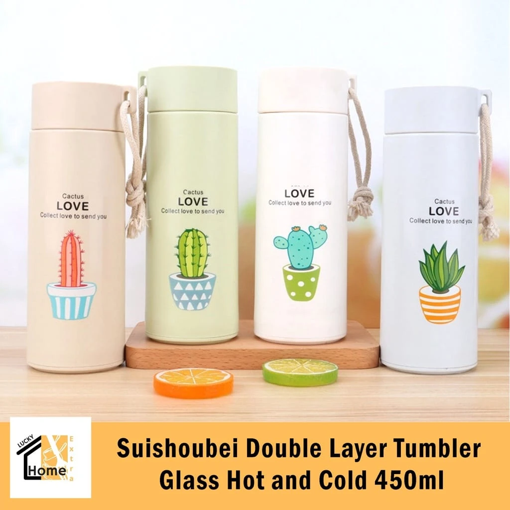 Cute Cactus Print 450ml Double Wall Glass Tumbler Bottle