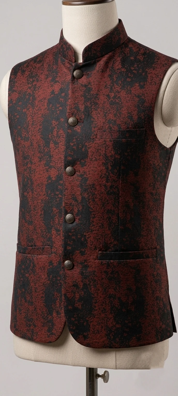 Men's Maroon & Black Abstract Jacquard Textured Waistcoat