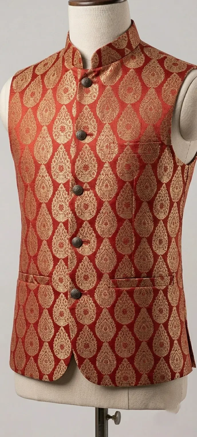 Men's Rust Red & Gold Paisley Jamawar Waistcoat
