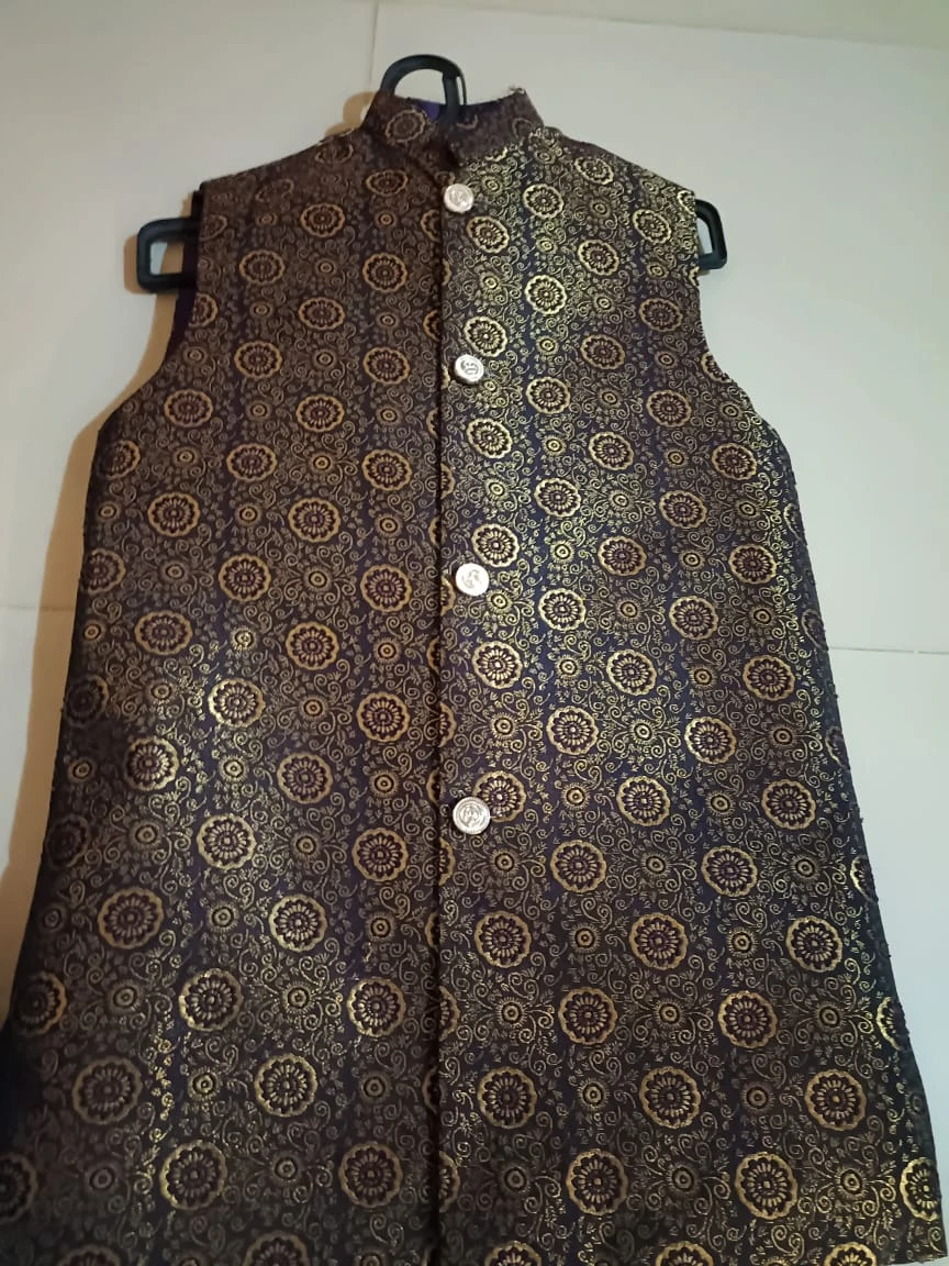 Boys' Royal Purple & Gold Floral Jamawar Waistcoat (Ages 1–13 Yrs)