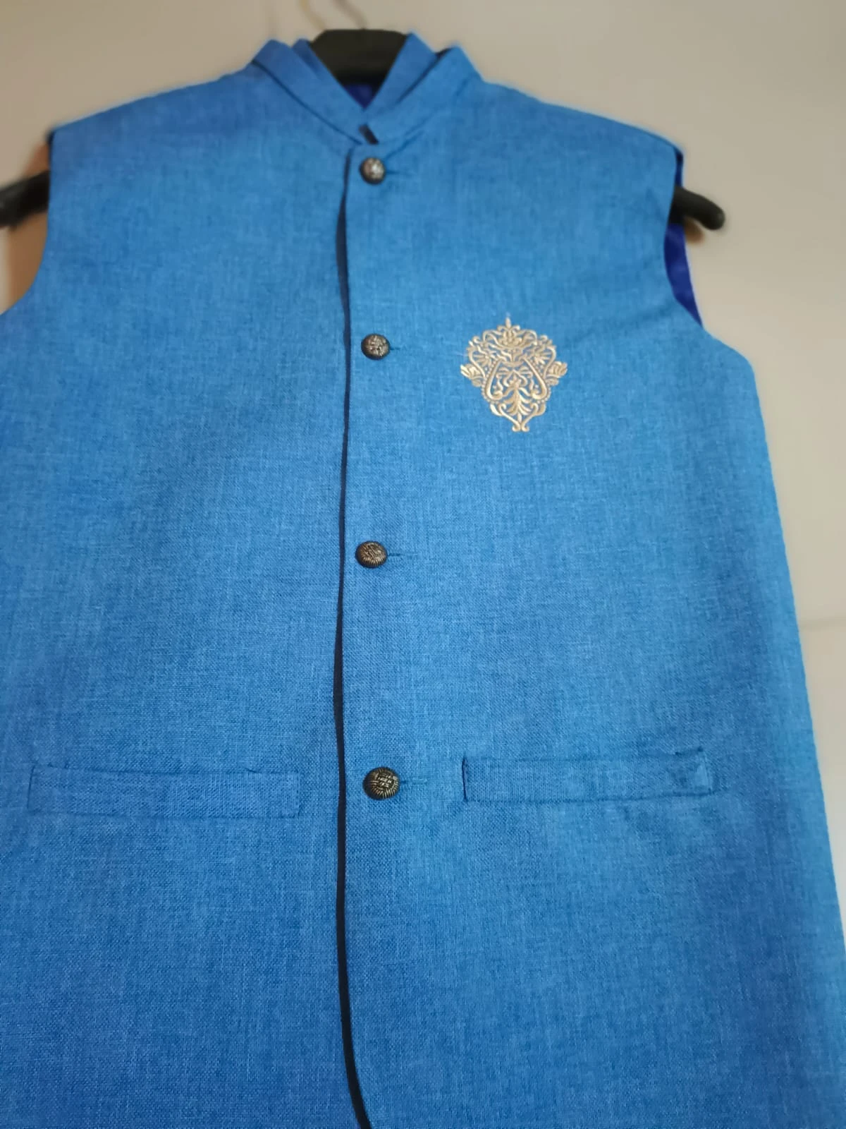 Boys' Sky Blue Textured Ethnic Waistcoat with Gold Motif (Ages 1–13 Yrs)