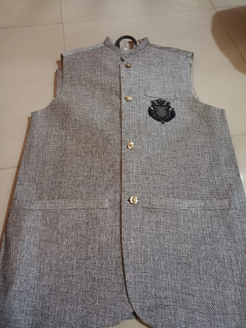 Boys' Light Grey Textured Ethnic Waistcoat with Royal Crest Motif (Ages 1–13 Yrs
