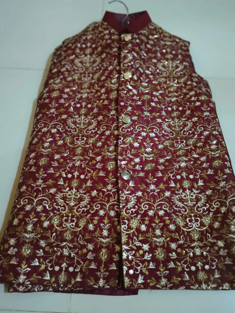 Boys' Maroon & Gold Heavy Floral Embroidered Ethnic Waistcoat (Ages 1–13 Yrs)