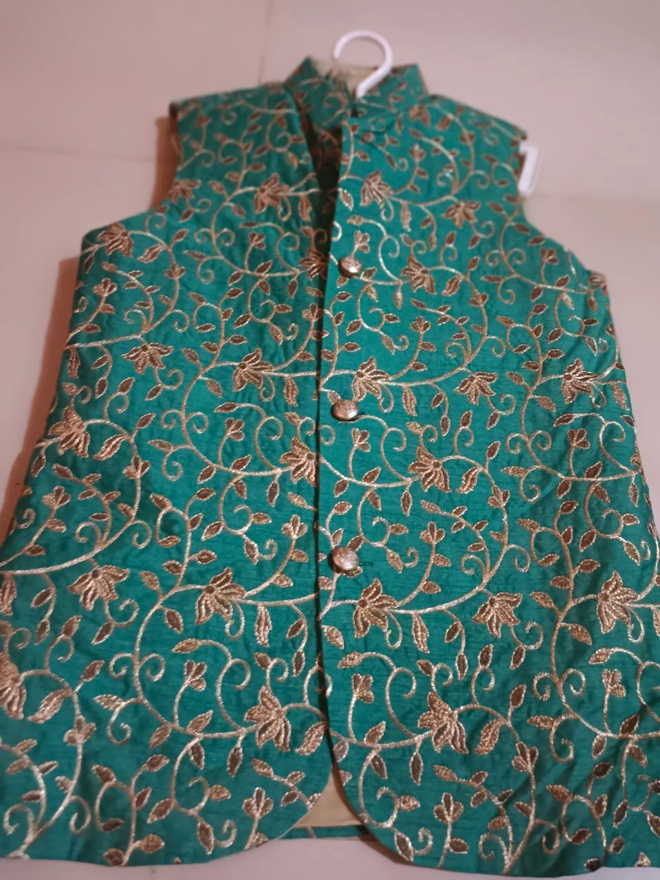 Boys' Sea Green Floral Embroidered Mysorie Waistcoat (Ages 1–13 Yrs)