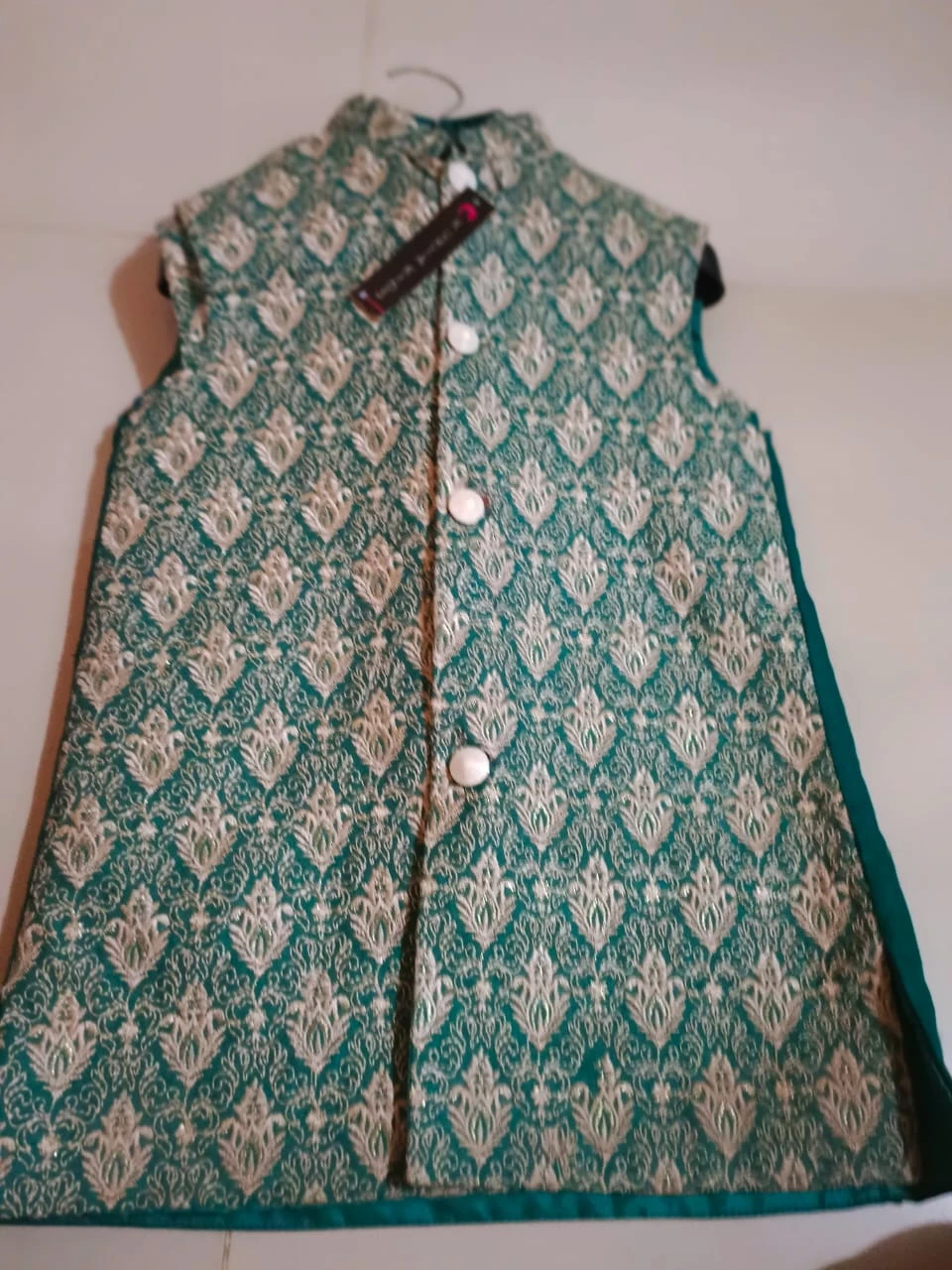 Boys' Emerald Green & Gold Jacquard Ethnic Waistcoat (Ages 1–13 Yrs)