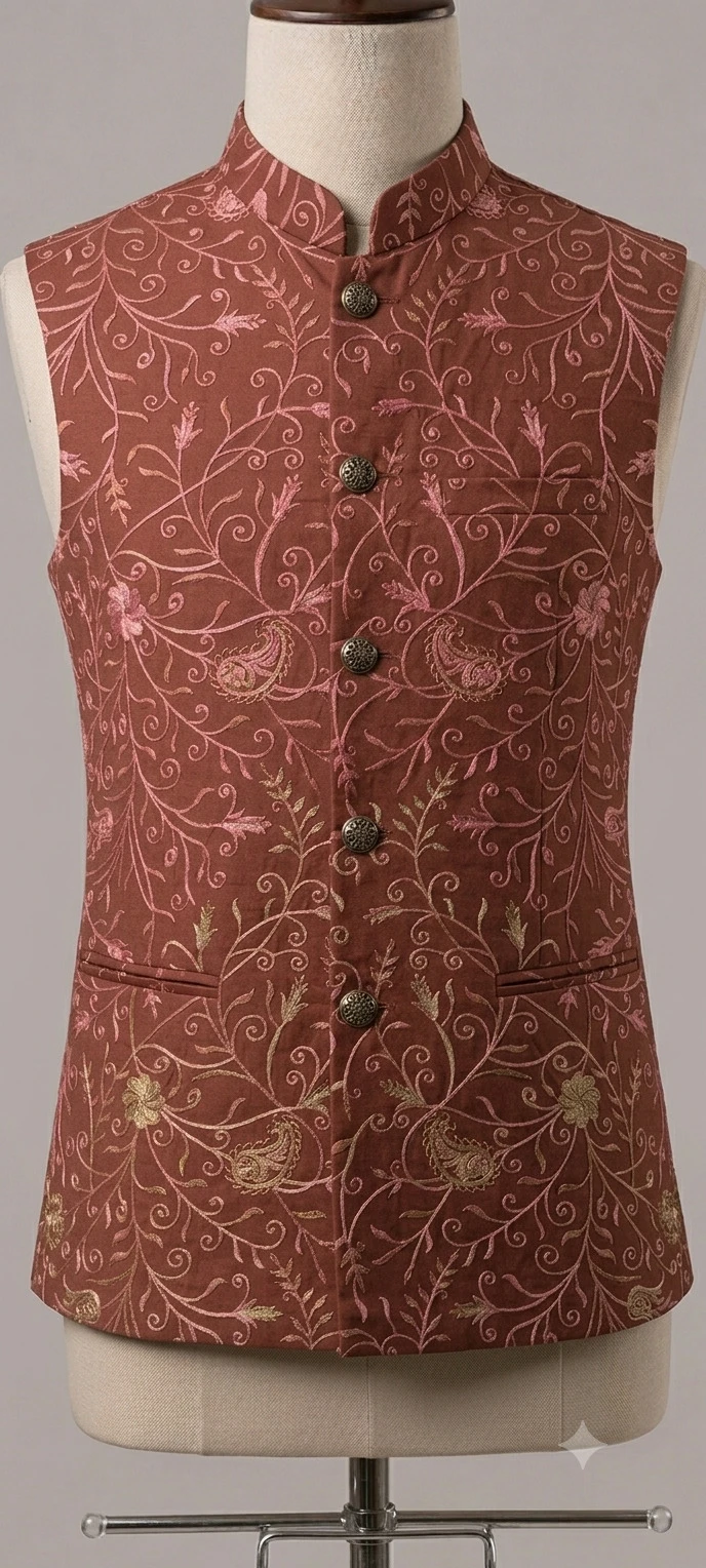 Men's Rust Terracotta Floral Embroidered Mysorie Waistcoat