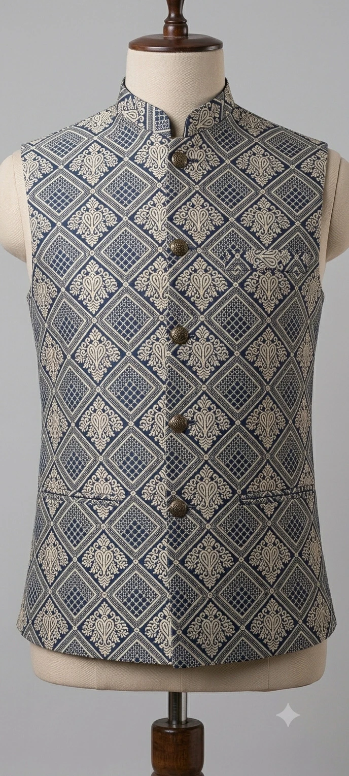 Boys' Navy Blue Geometric Jacquard Ethnic Waistcoat (Ages 1–13 Yrs)