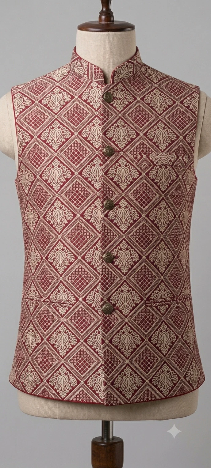 Boys' Maroon Geometric Jacquard Ethnic Waistcoat (Ages 1–13 Yrs)