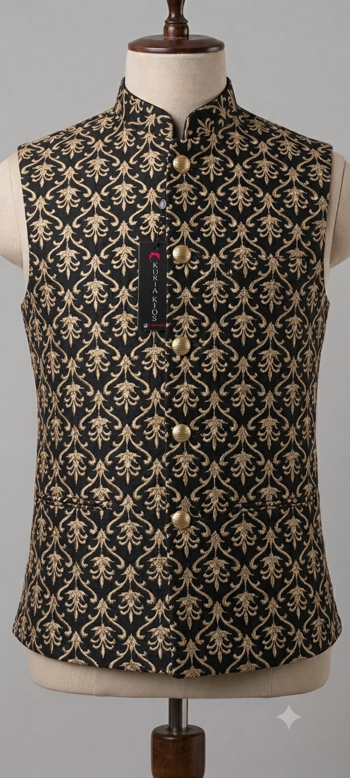 Boys' Royal Black & Gold Jacquard Ethnic Waistcoat (Ages 1–13 Yrs)