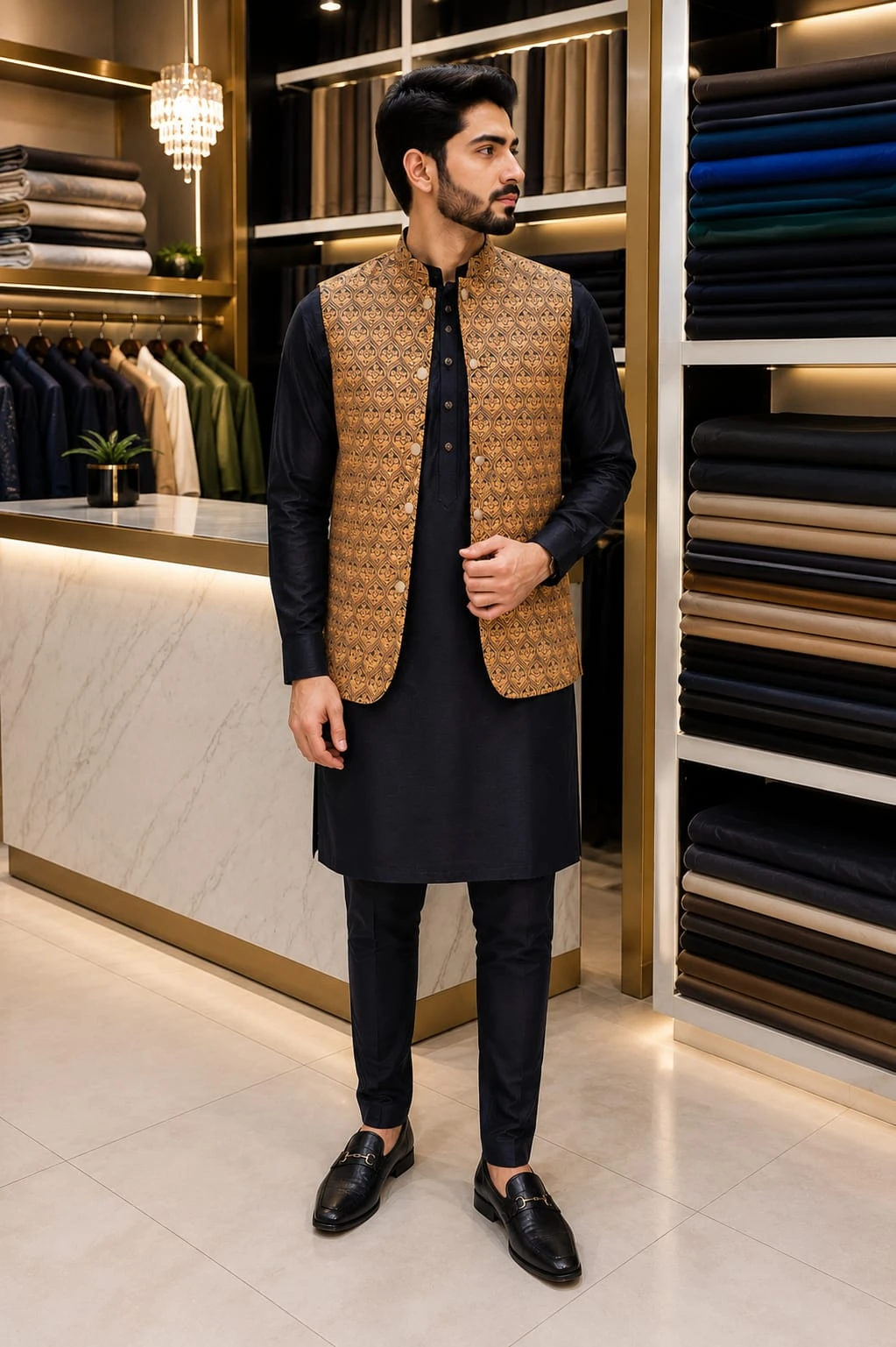 Men's 3-Piece Navy Blue Kurta Shalwar with Golden Ochre Jacquard Waistcoat Suit